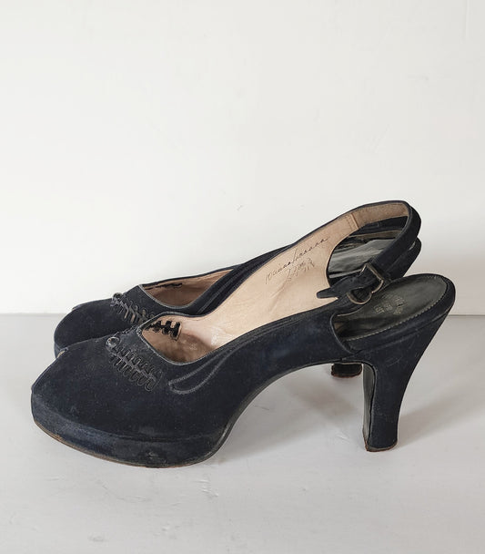 40s Peep Toe Black Shoes High Heel Slingbacks 10