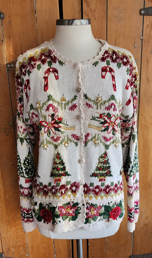 Y2K Christmas Sweater Cream Cardigan Candy Canes Tiara