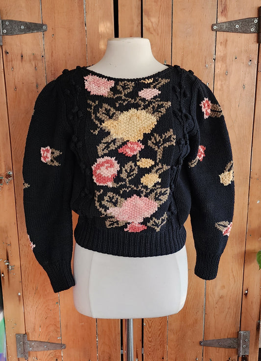 80s Black Sweater Pink Rose Flowers Liz Claiborne