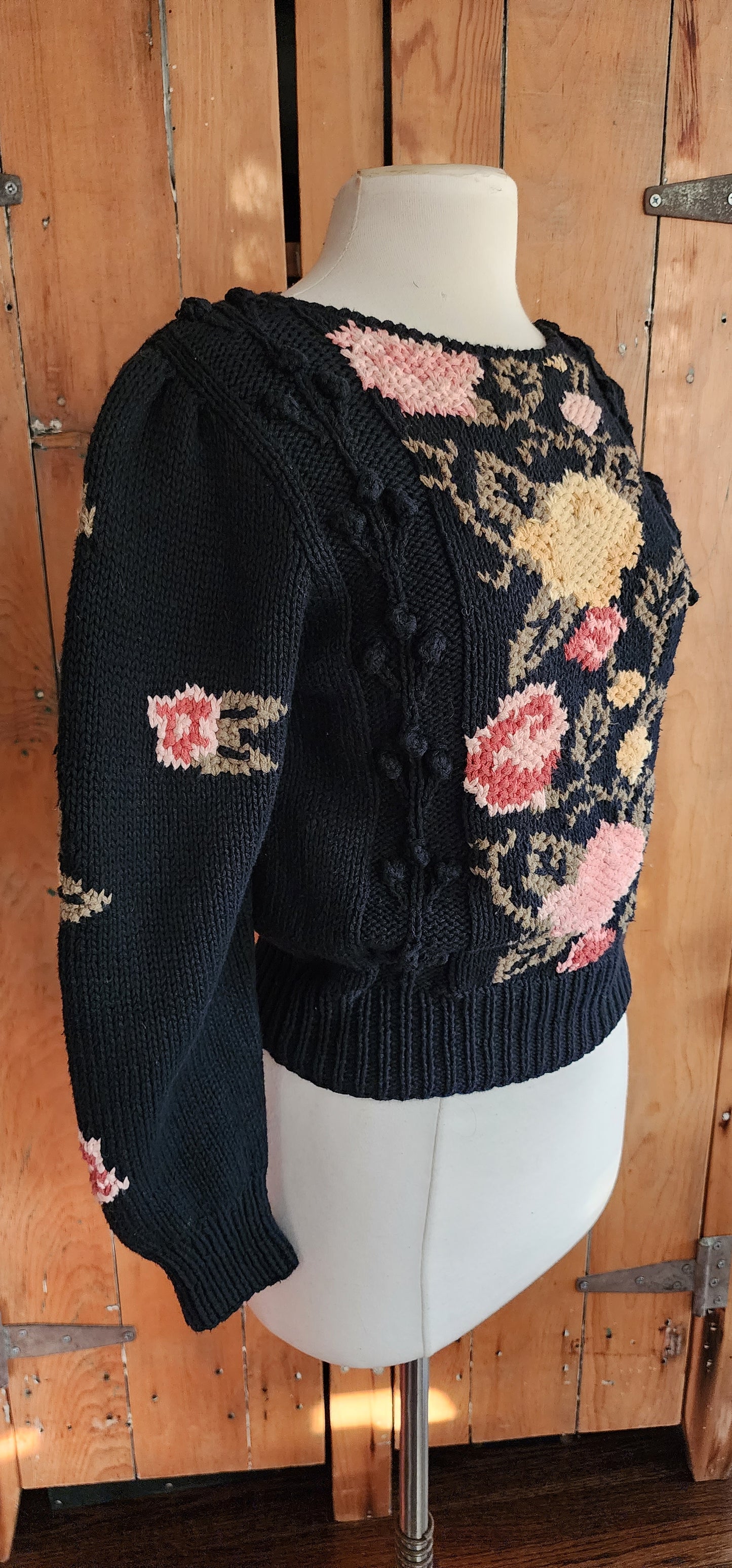 80s Black Sweater Pink Rose Flowers Liz Claiborne