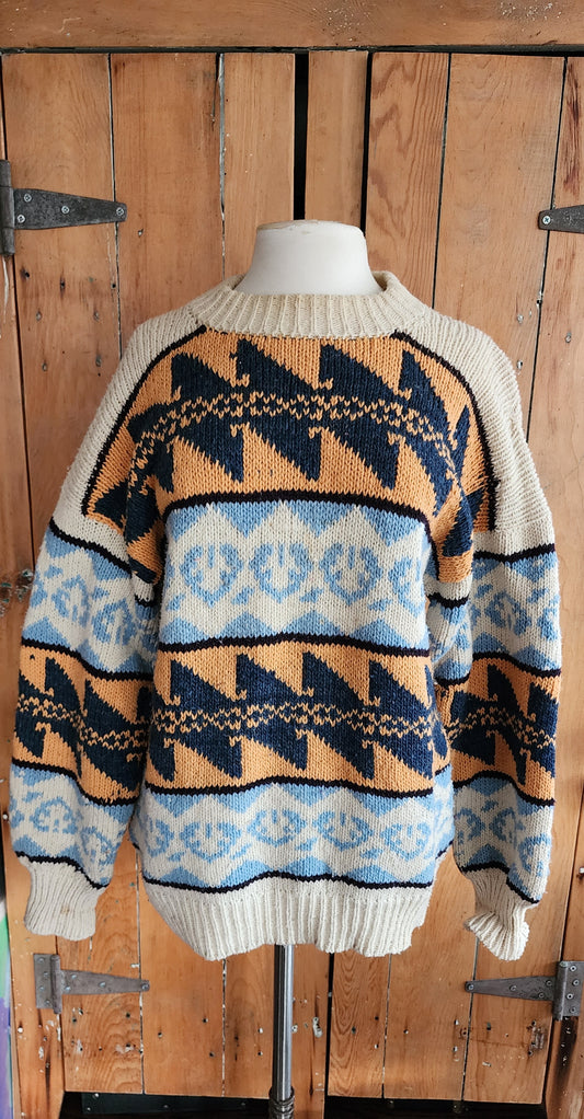 80s Wool Ski Sweater Cream Orange Blue Pattern Passports