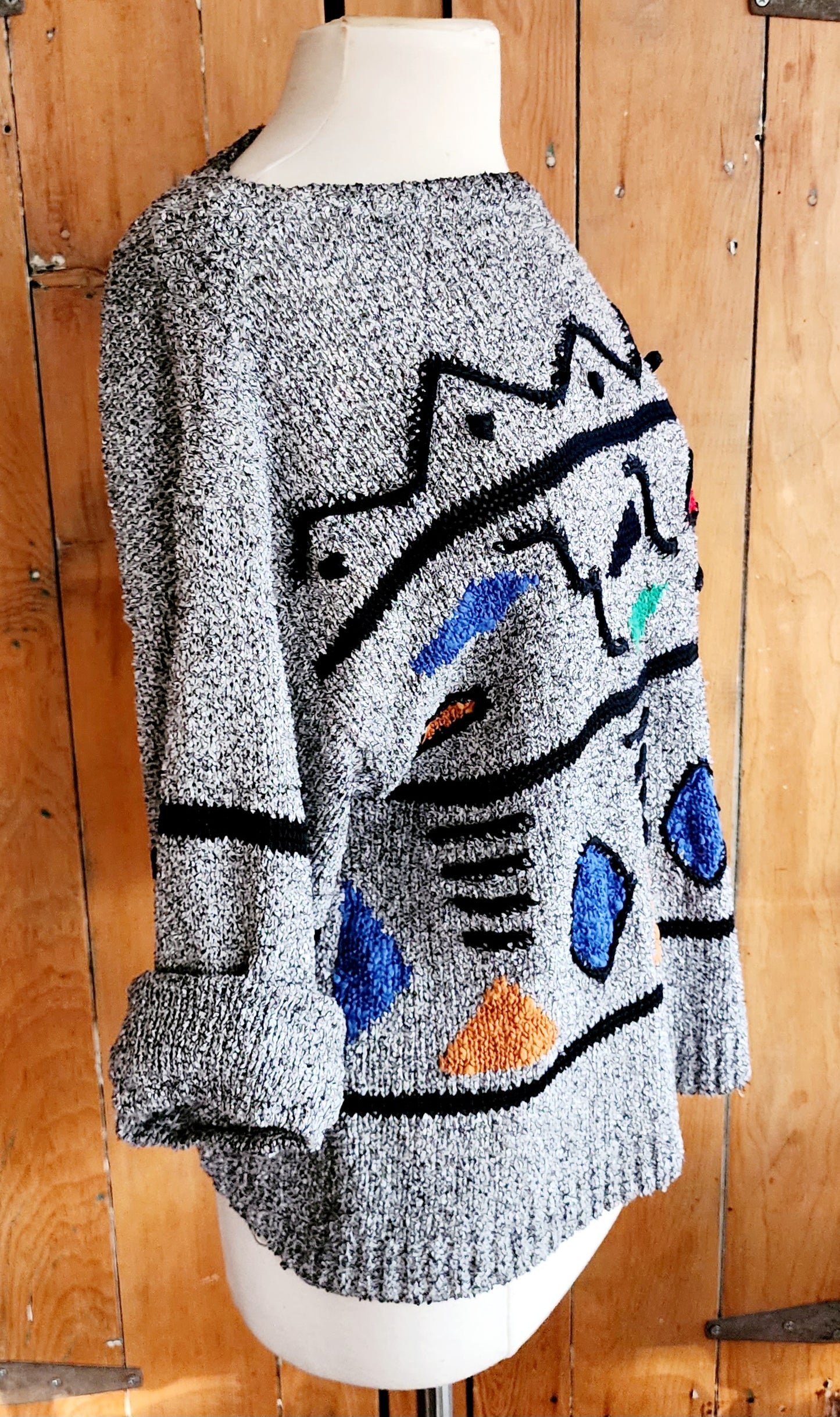 80s Gray Sweater w/Multicolored Graphics Mariea Kim