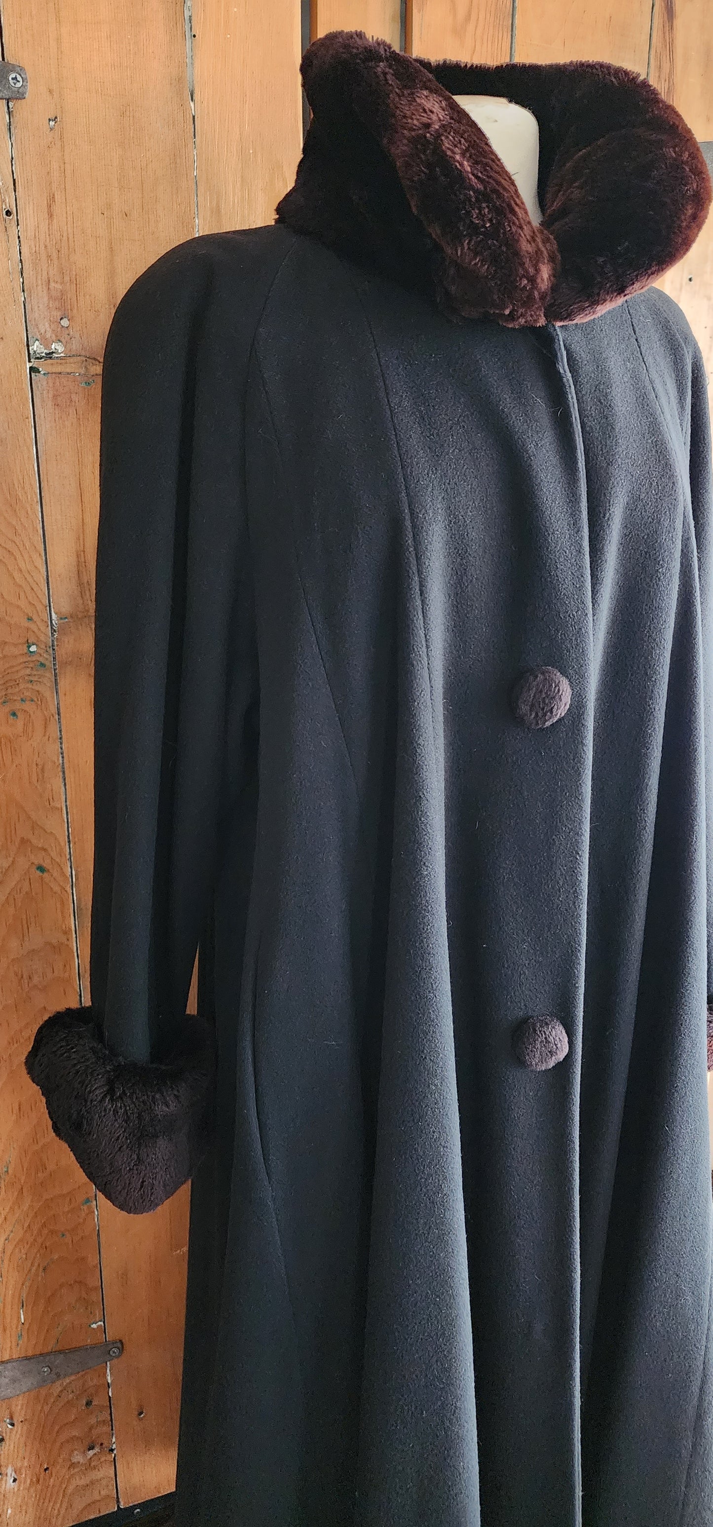 Vintage 80s Black Cashmere Swing Coat Sheared Beaver Fur Collar Cuffs Searle