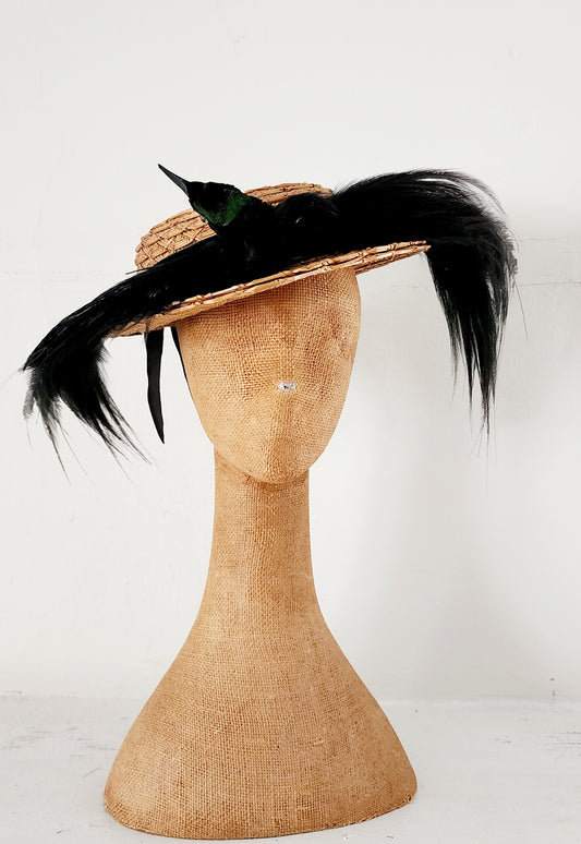 Antique Edwardian Straw Hat w/Black Bird Head & Feathers