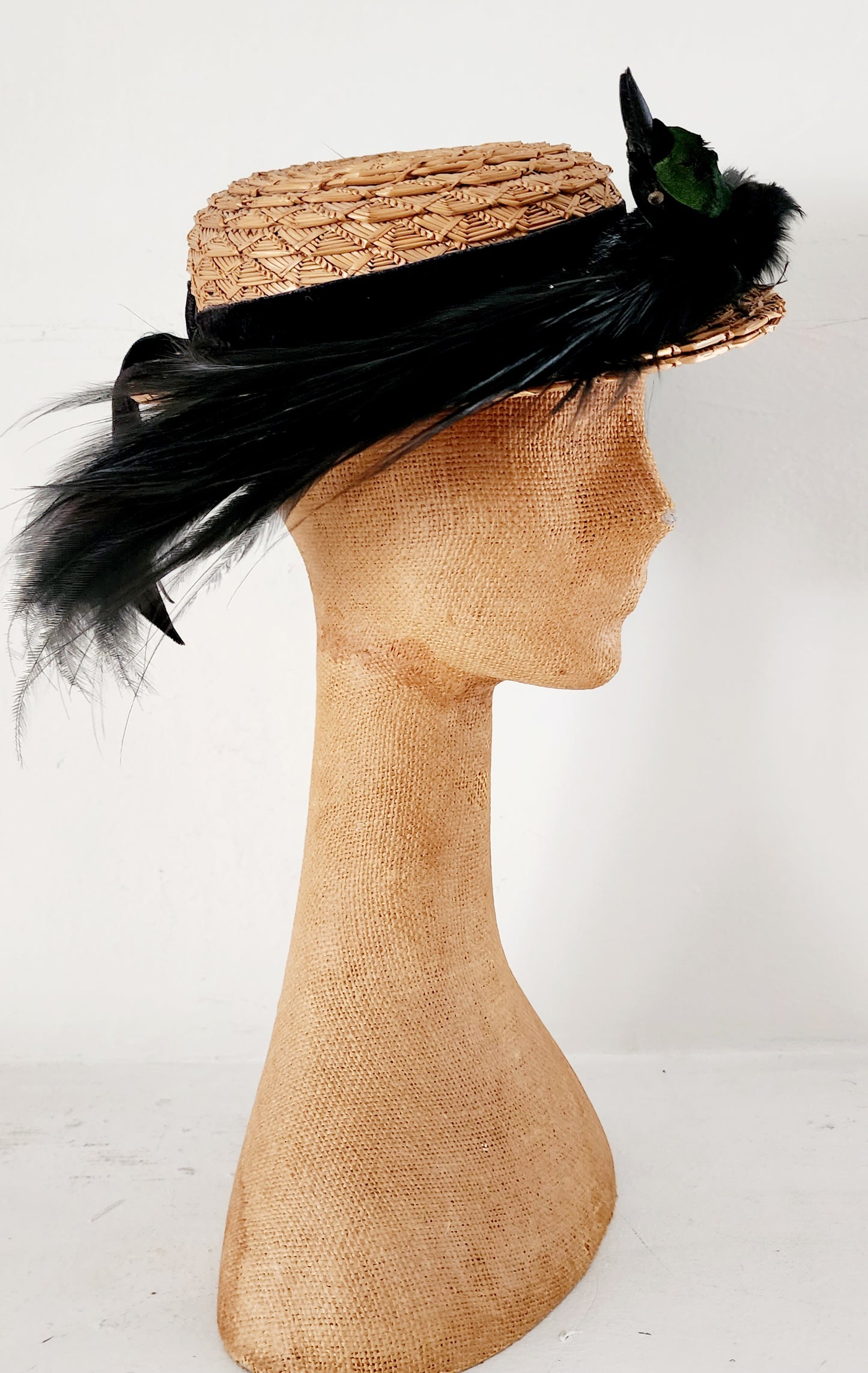 Antique Edwardian Straw Hat w/Black Bird Head & Feathers