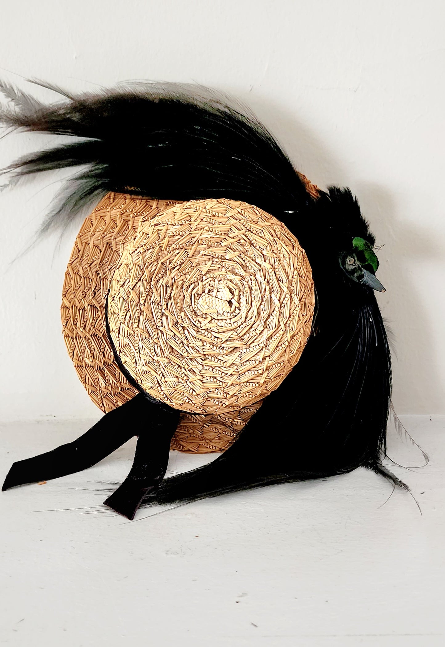 Antique Edwardian Straw Hat w/Black Bird Head & Feathers