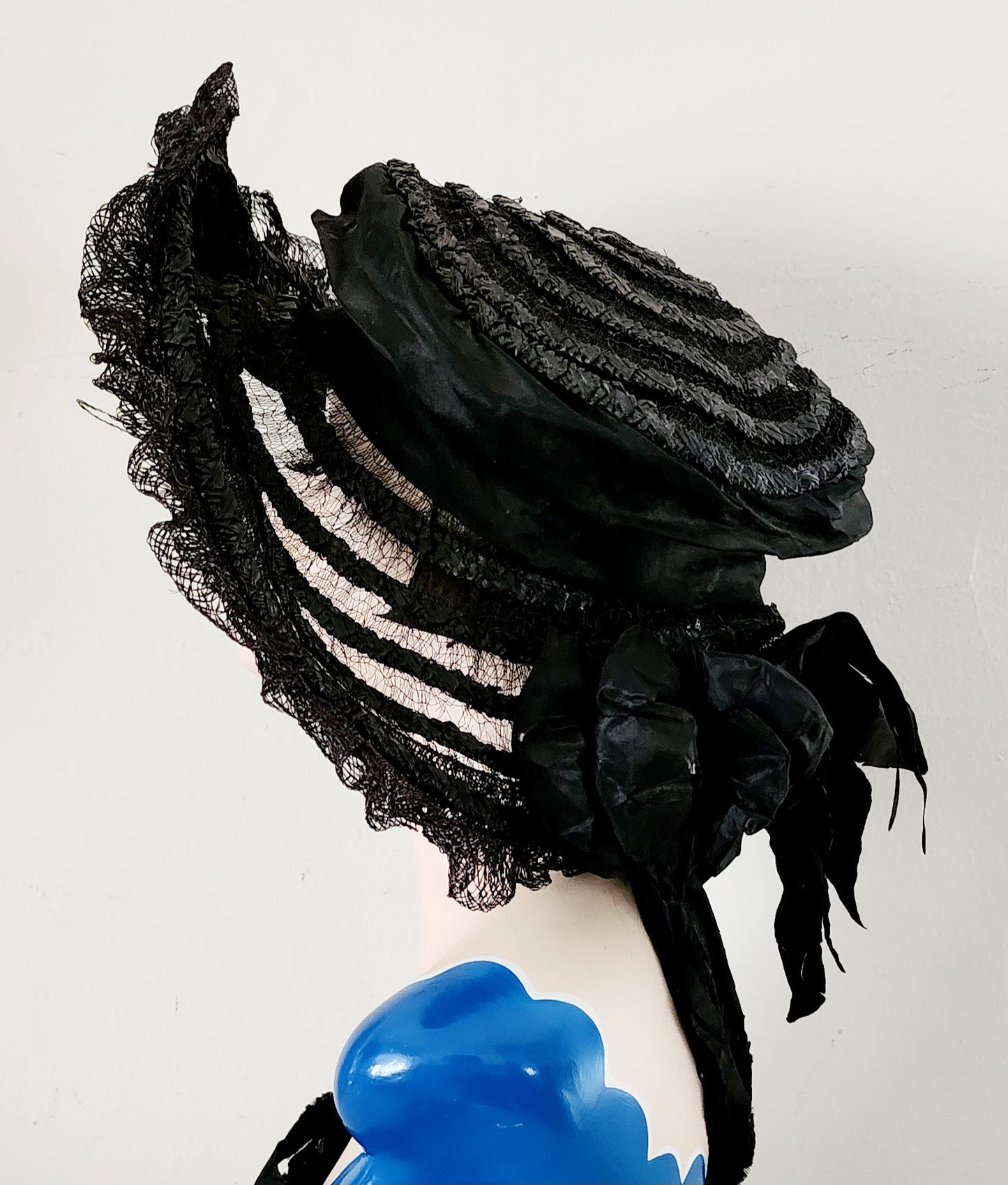 Antique Edwardian Black Hat in Straw, Silk Ribbon Chas A Stevens