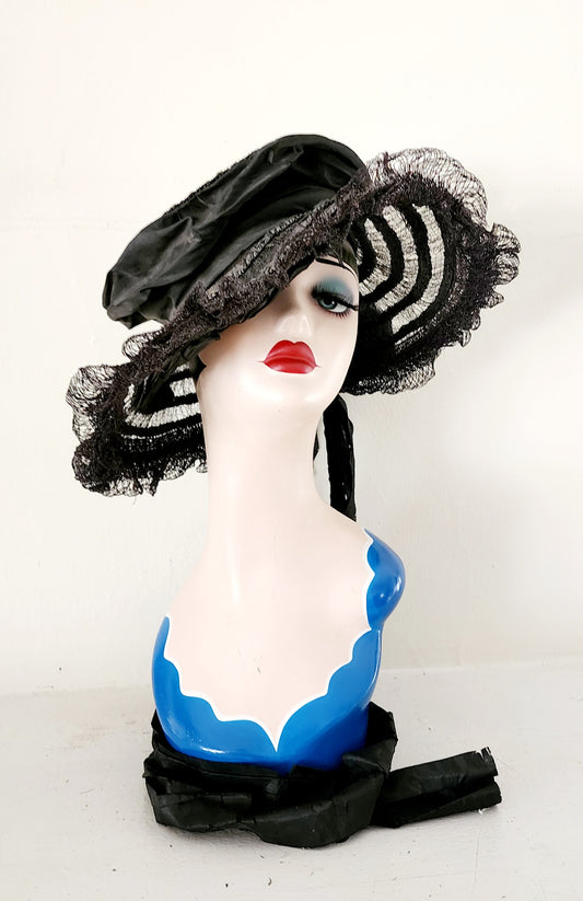 Antique Edwardian Black Hat in Straw, Silk Ribbon Chas A Stevens