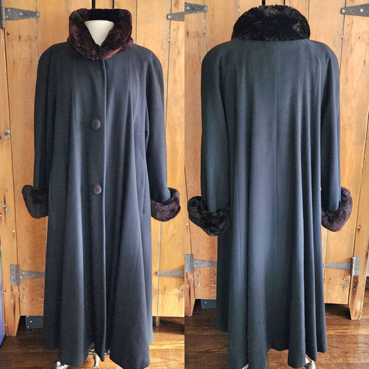 Vintage 80s Black Cashmere Swing Coat Sheared Beaver Fur Collar Cuffs Searle
