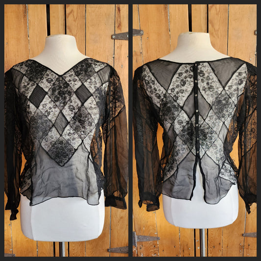 Vintage 30s Blouse Black Silk Lace Long Sleeved