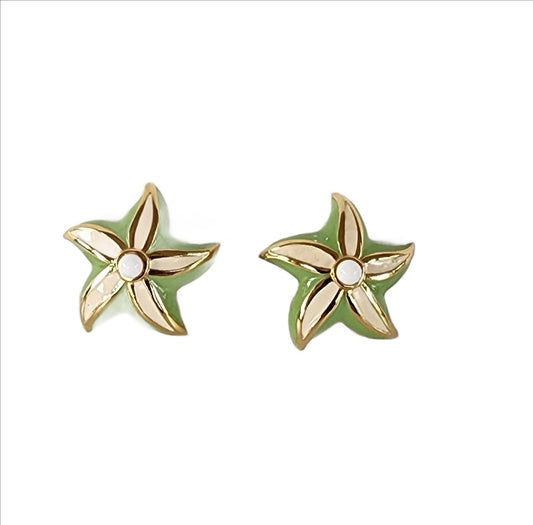 Vintage 80s St John Earrings Starfish Seastar Green Enamel Clips