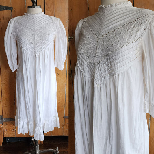 Vintage 80s White Cotton Prairie Style Dress India Cotton Eyelet Embroidery
