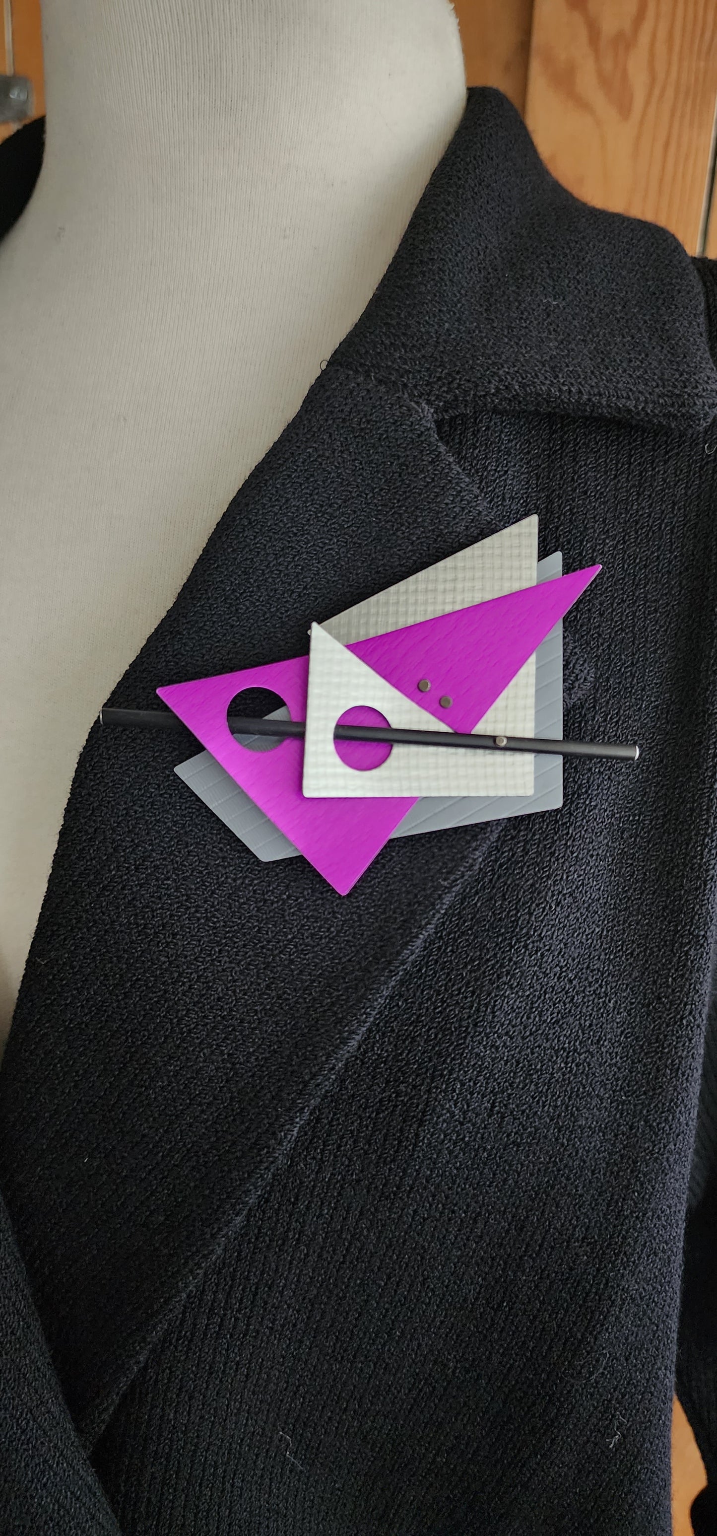 80s Metal Brooch Memphis Design Purple Gray Oversized Pin