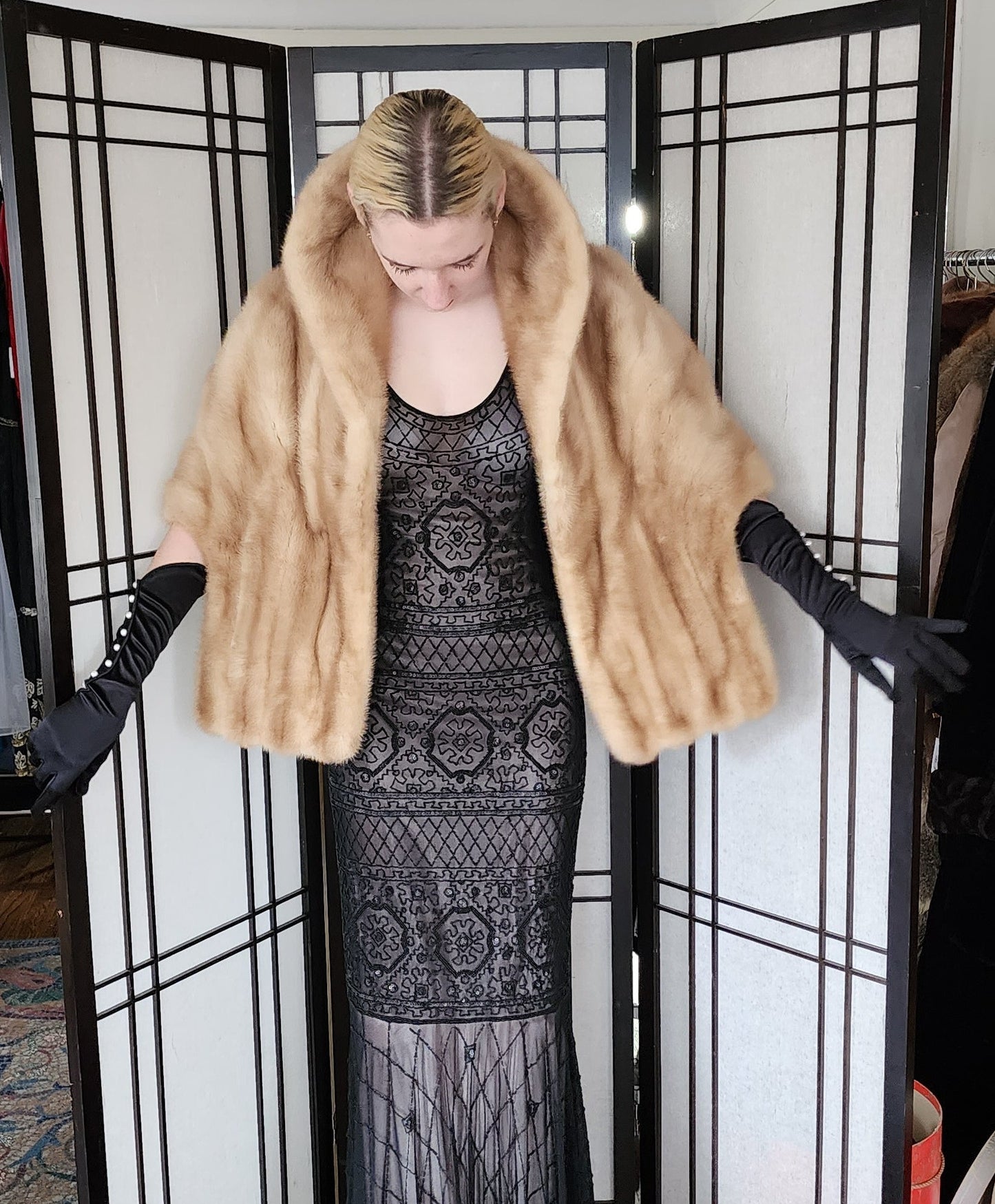 Vintage 50s Blonde Mink Fur Wrap Audrey Monogram