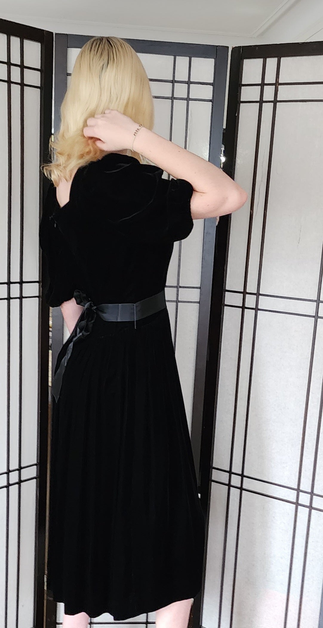 Vintage 80s Black Velvet Party Dress Puffed Sleeves Kappi I Magnin