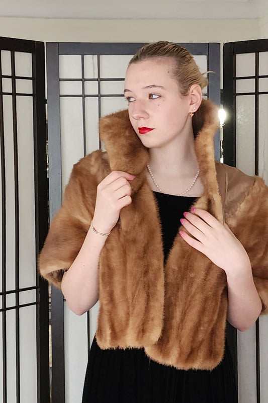 Vintage 50s Mink Fur Wrap Caramel Brown Stole
