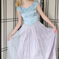 Vintage 50s Blue Party Dress Cinderella Style Brocade Top Long Mesh Skirt