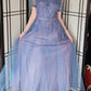 Vintage 50s Blue Evening Dress Tulle Skirt Soutache Embroidery