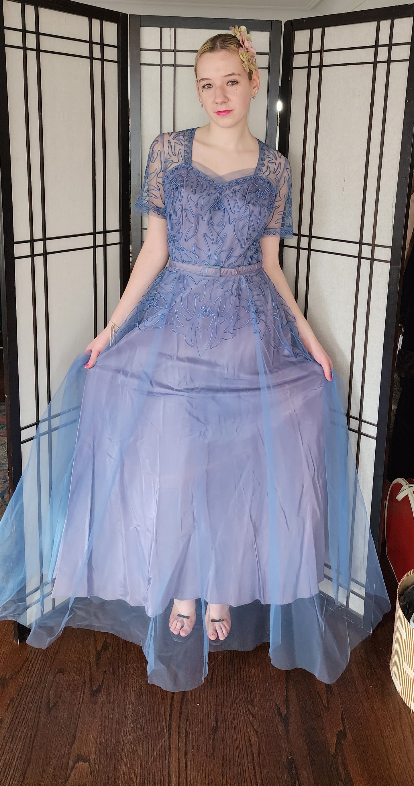 Vintage 50s Blue Evening Dress Tulle Skirt Soutache Embroidery