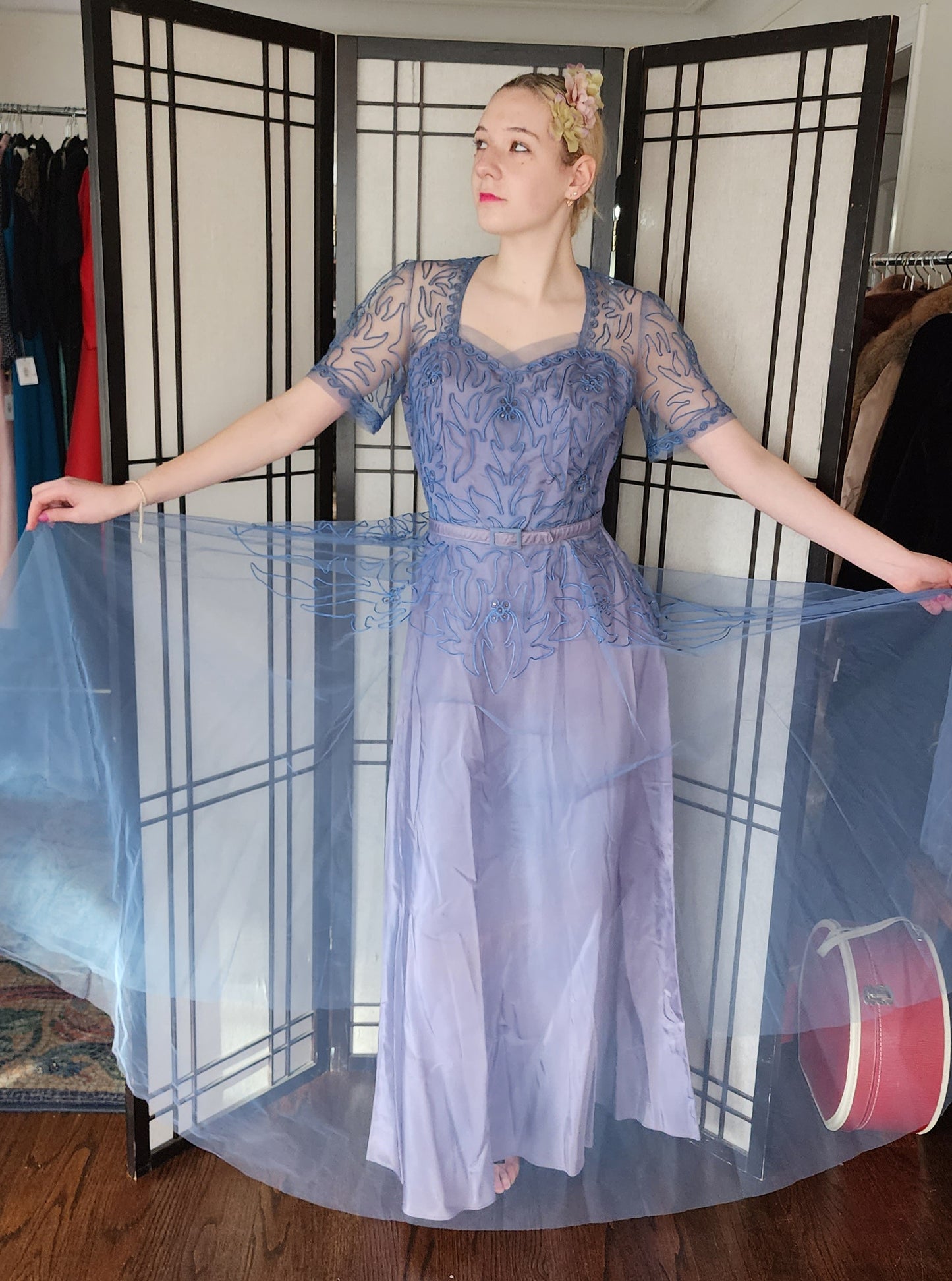 Vintage 50s Blue Evening Dress Tulle Skirt Soutache Embroidery