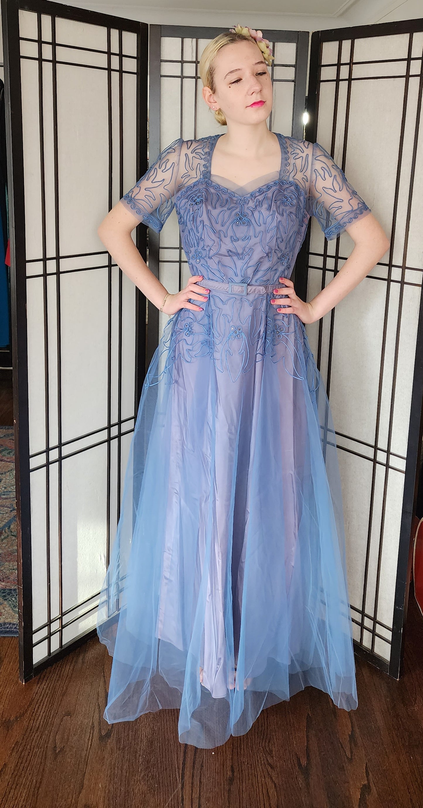 Vintage 50s Blue Evening Dress Tulle Skirt Soutache Embroidery