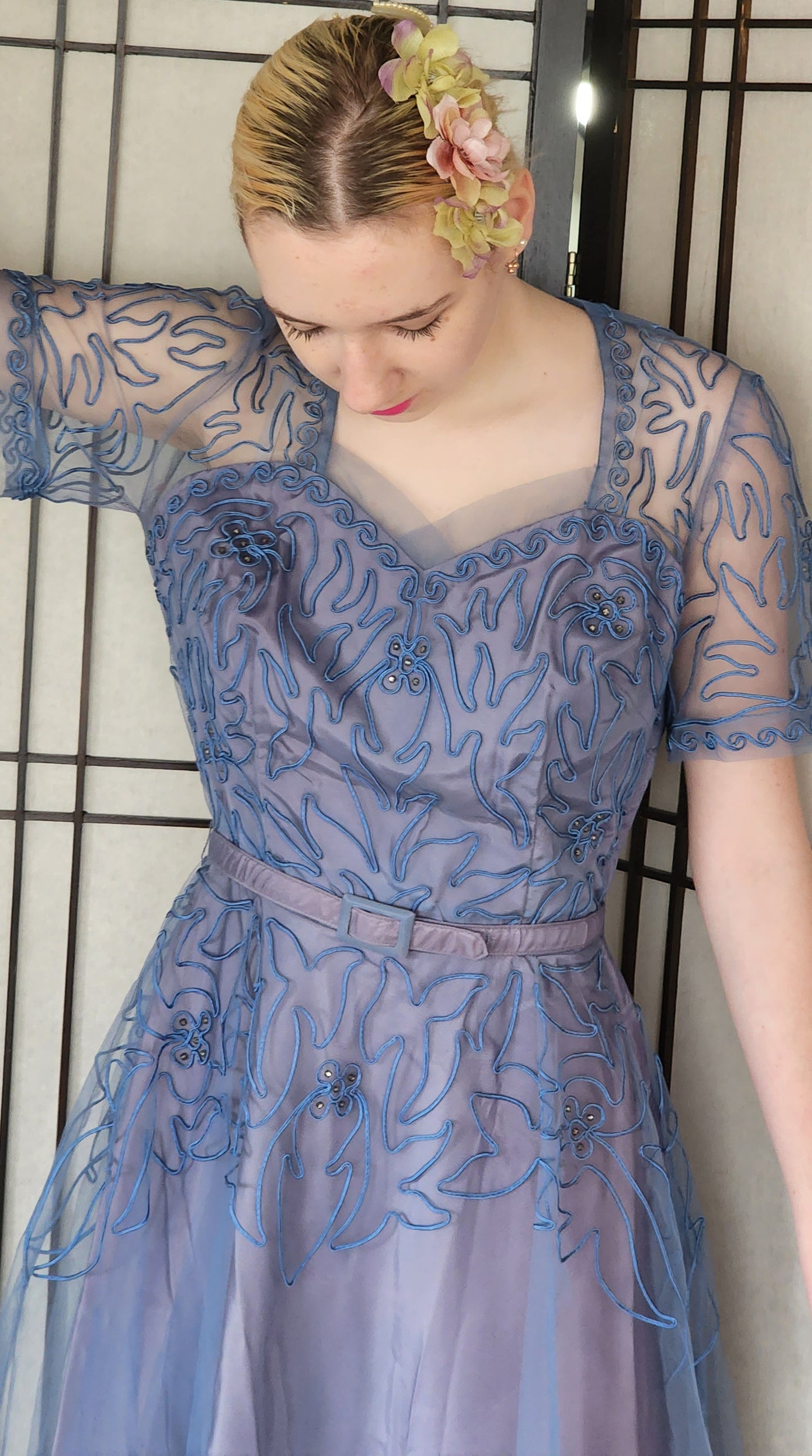 Vintage 50s Blue Evening Dress Tulle Skirt Soutache Embroidery