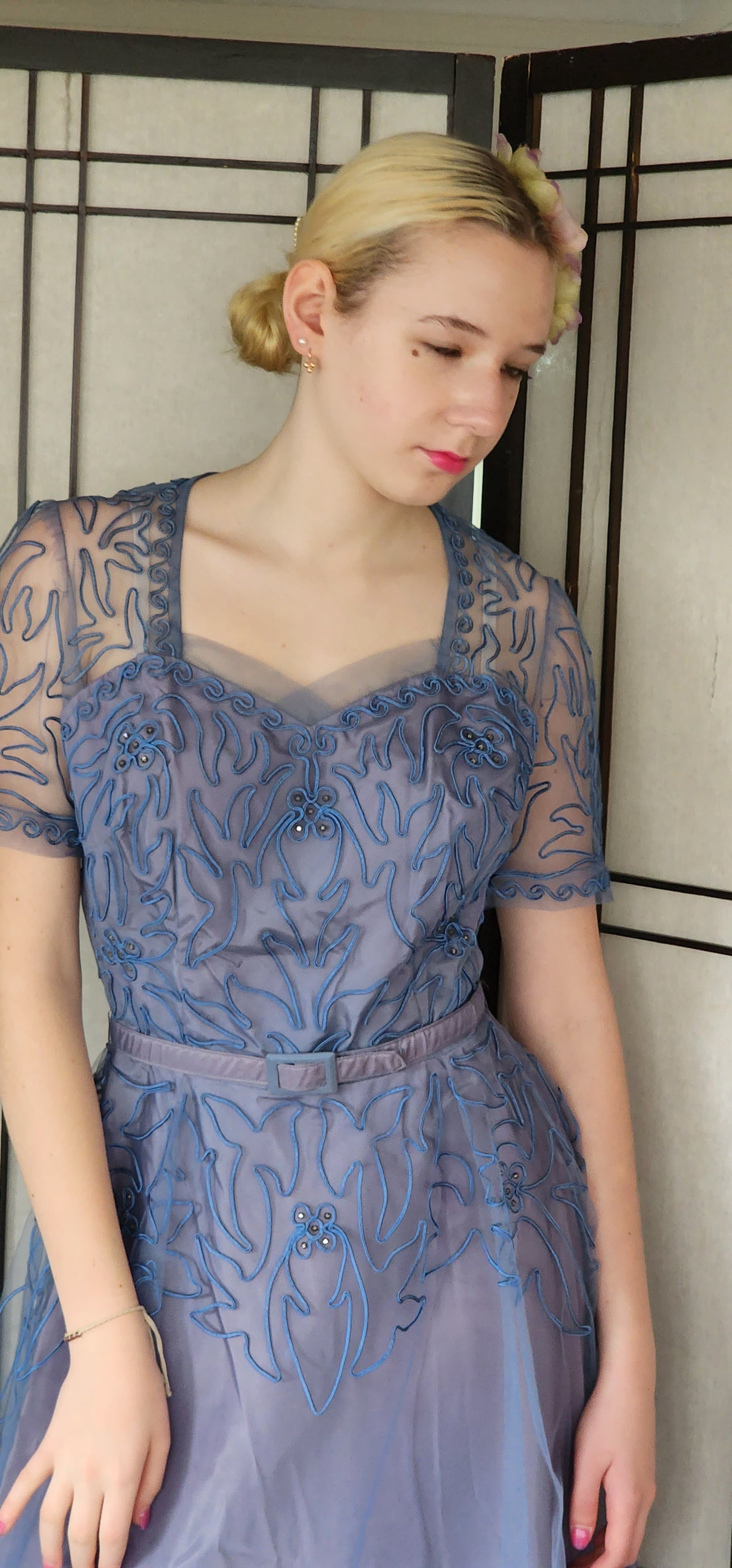 Vintage 50s Blue Evening Dress Tulle Skirt Soutache Embroidery