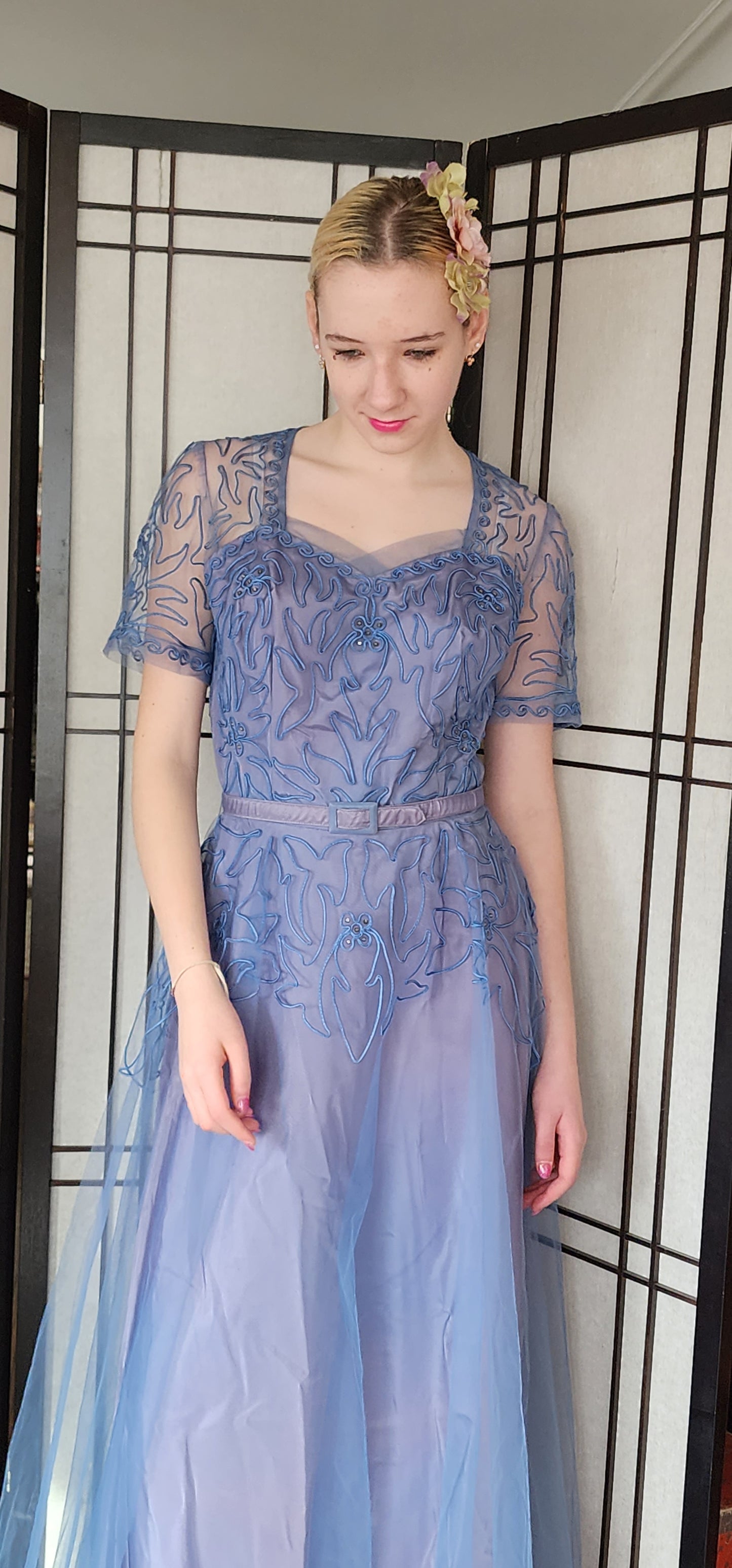 Vintage 50s Blue Evening Dress Tulle Skirt Soutache Embroidery