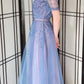 Vintage 50s Blue Evening Dress Tulle Skirt Soutache Embroidery