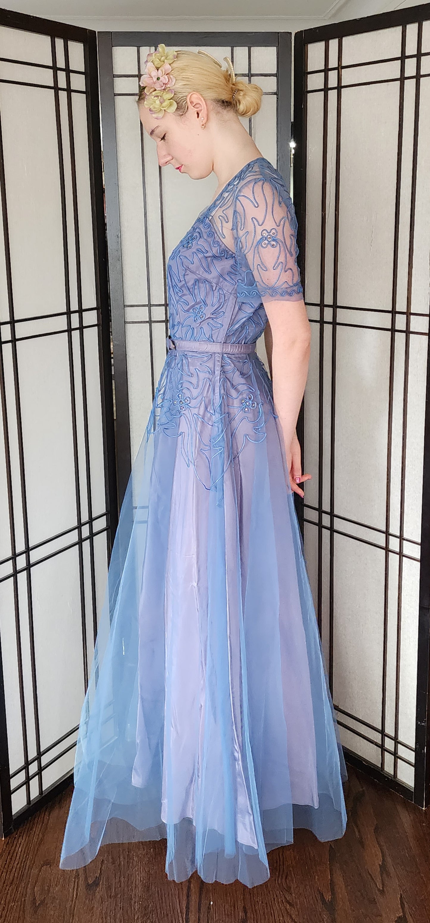 Vintage 50s Blue Evening Dress Tulle Skirt Soutache Embroidery