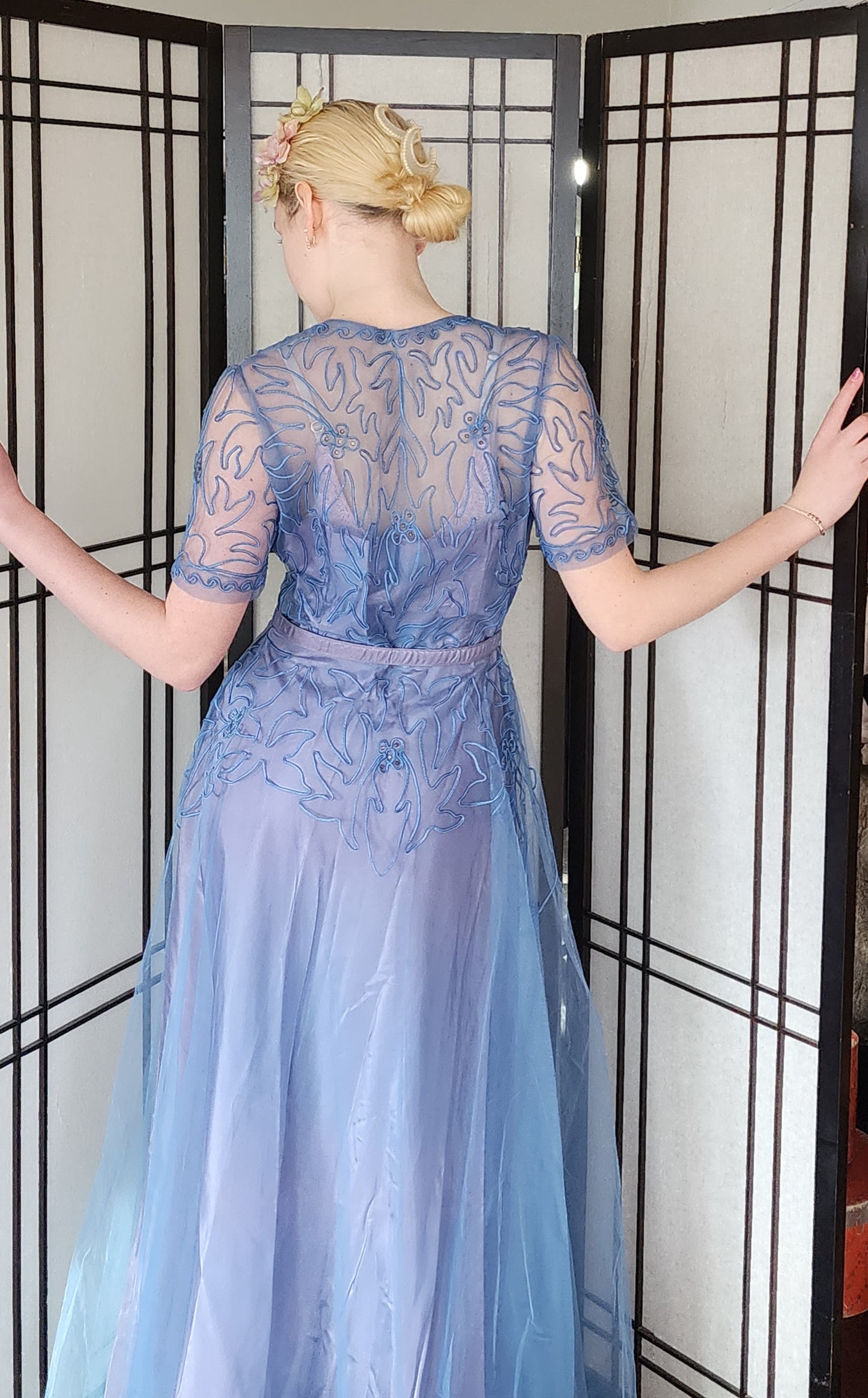 Vintage 50s Blue Evening Dress Tulle Skirt Soutache Embroidery