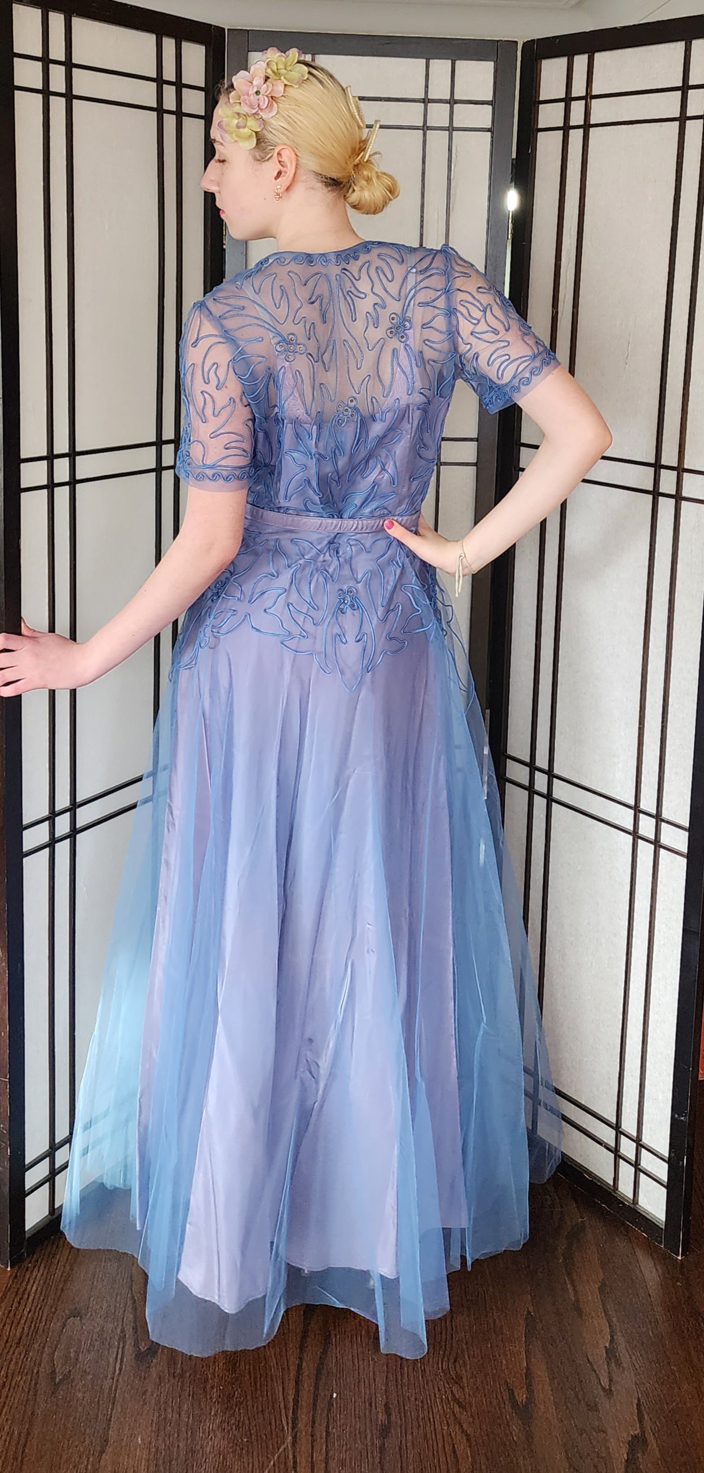 Vintage 50s Blue Evening Dress Tulle Skirt Soutache Embroidery