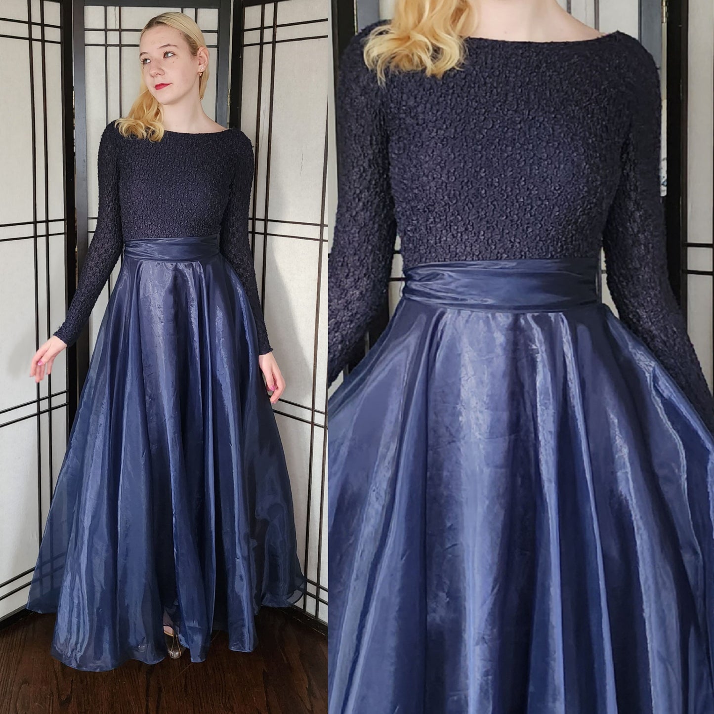 Vintage Navy Blue Evening Dress w/Organza Skirt JS Collections