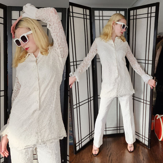 Vintage 70s White Lace Pant Suit Sodi Boho Bride Disco Wedding