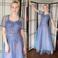 Vintage 50s Blue Evening Dress Tulle Skirt Soutache Embroidery