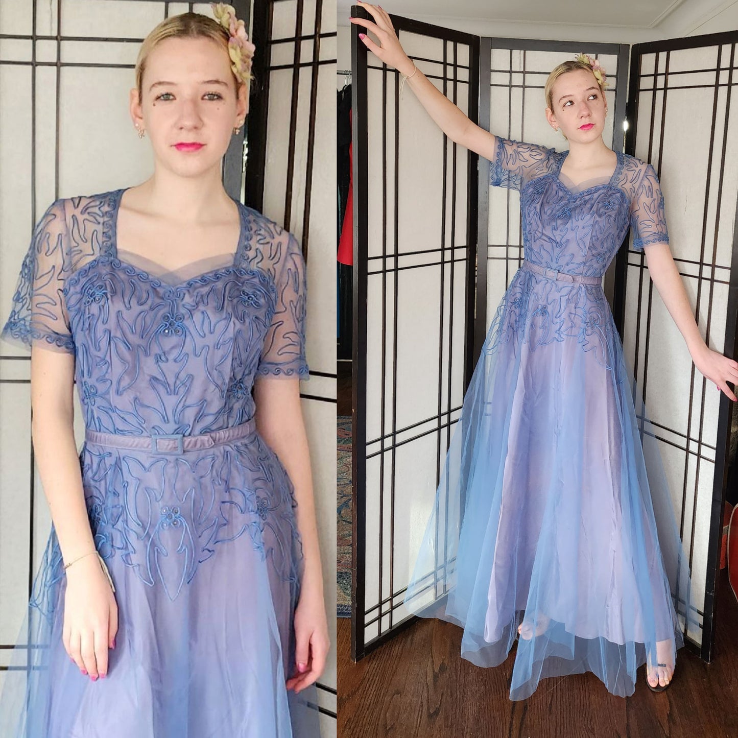 Vintage 50s Blue Evening Dress Tulle Skirt Soutache Embroidery