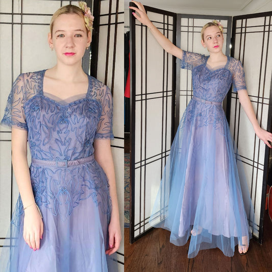 Vintage 50s Blue Evening Dress Tulle Skirt Soutache Embroidery