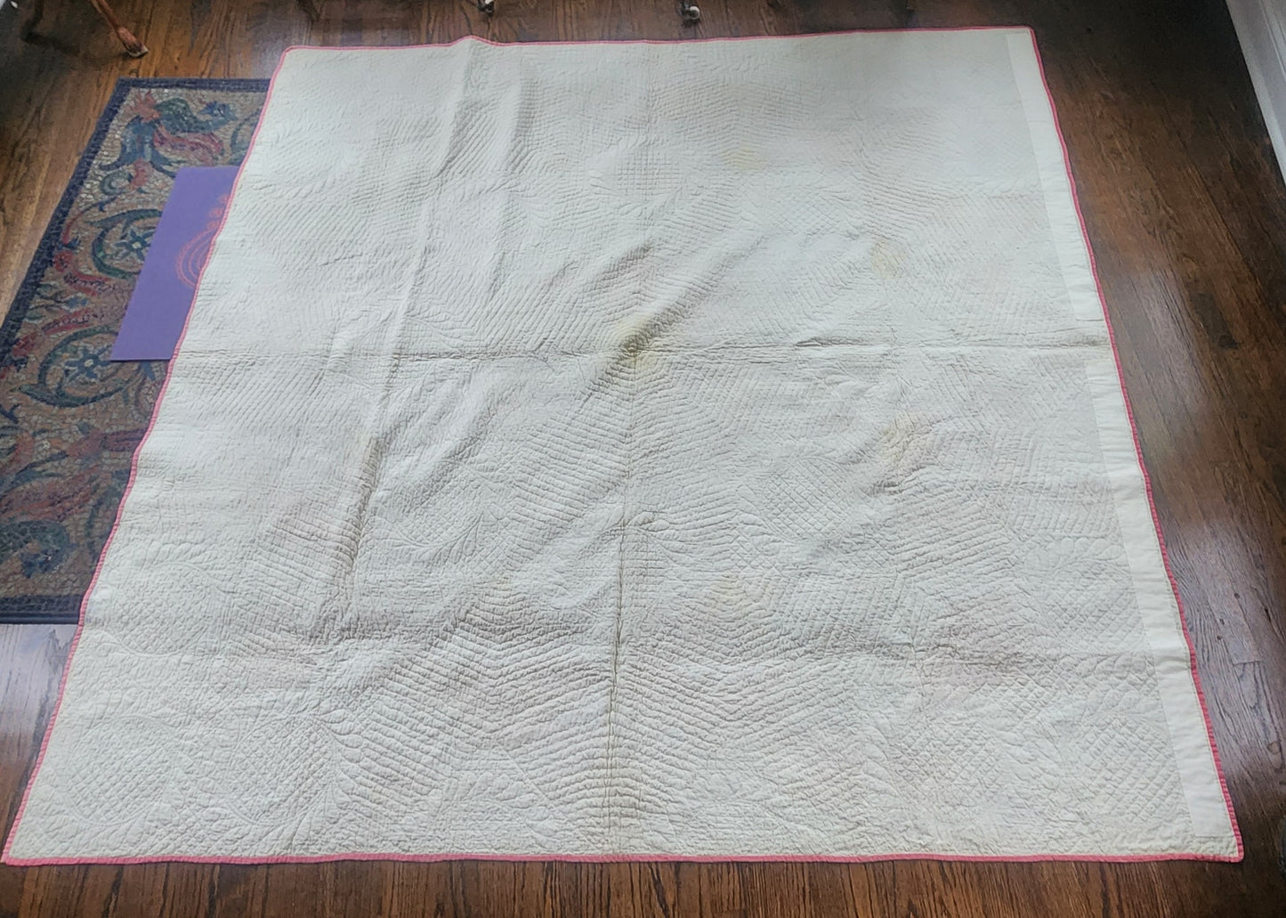 Antique American Quilt 1800s Broken Star Feather Wreath Hand-Quilted Cotton Pink Cheddar
