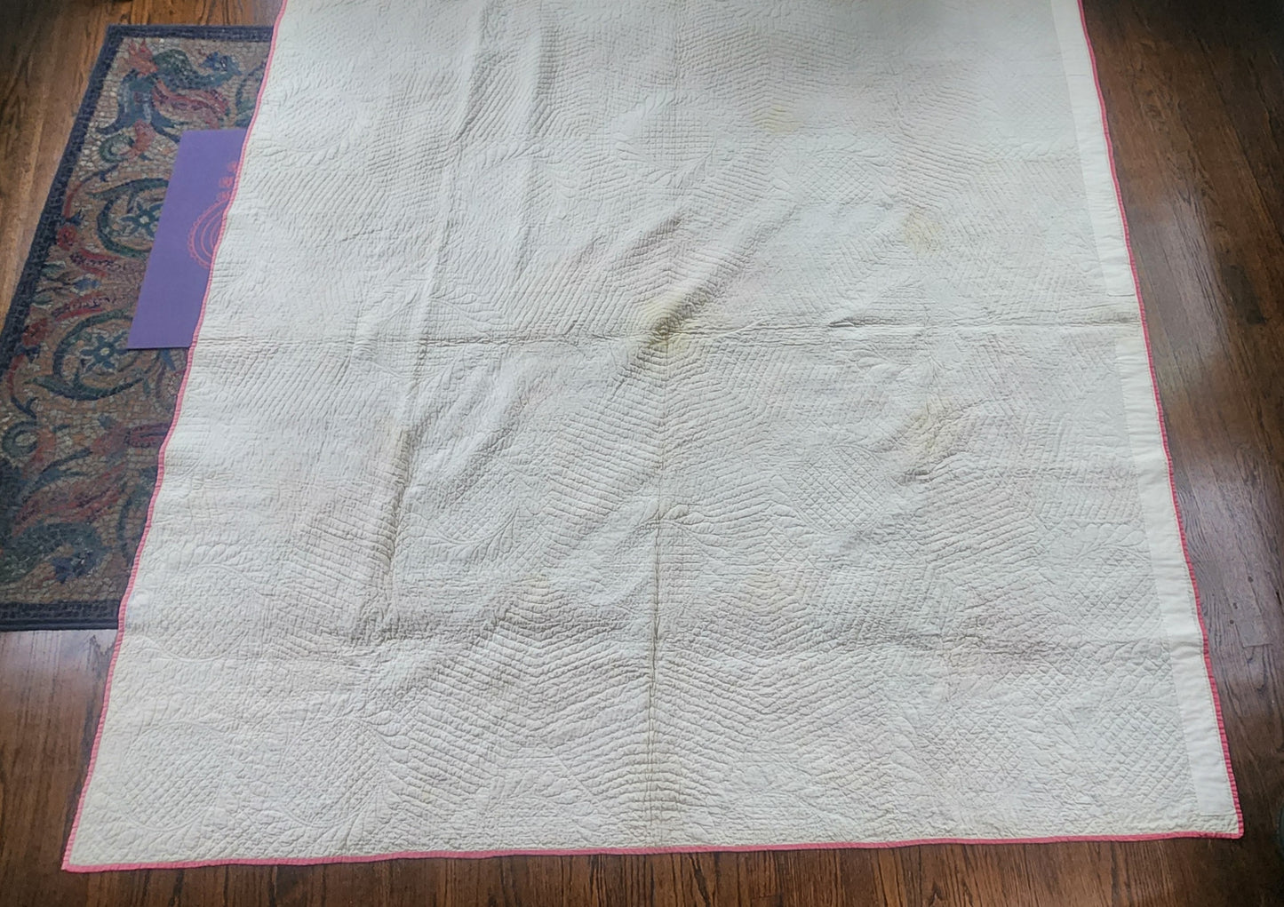Antique American Quilt 1800s Broken Star Feather Wreath Hand-Quilted Cotton Pink Cheddar