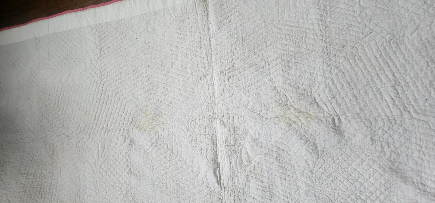 Antique American Quilt 1800s Broken Star Feather Wreath Hand-Quilted Cotton Pink Cheddar