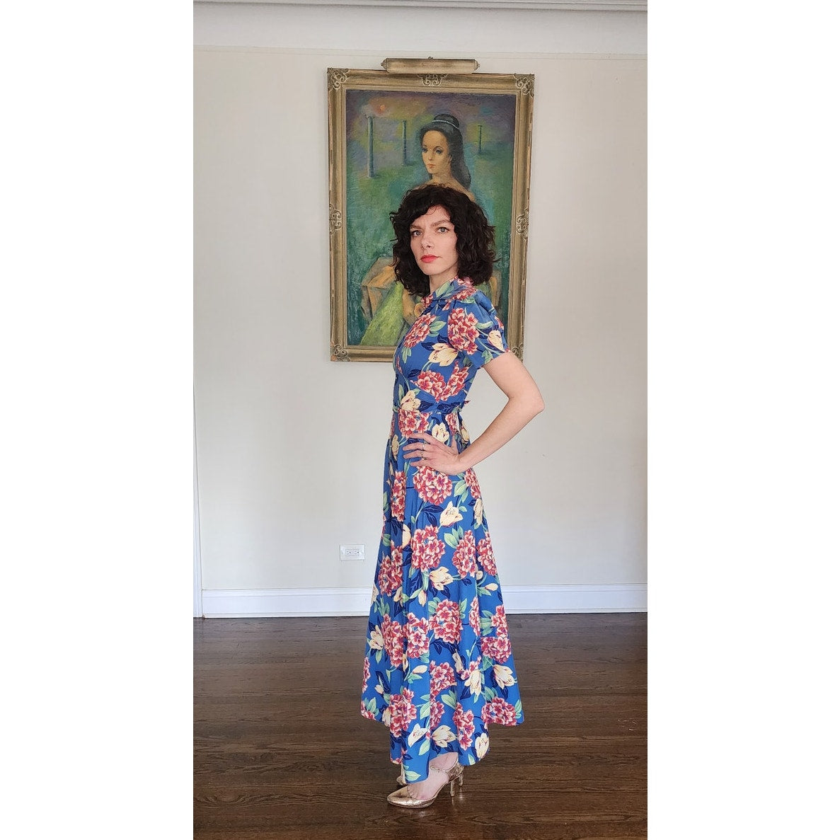 Vintage 30s Blue Floral House Dress Maxi Lounger Puff Sleeve Zip Front XS