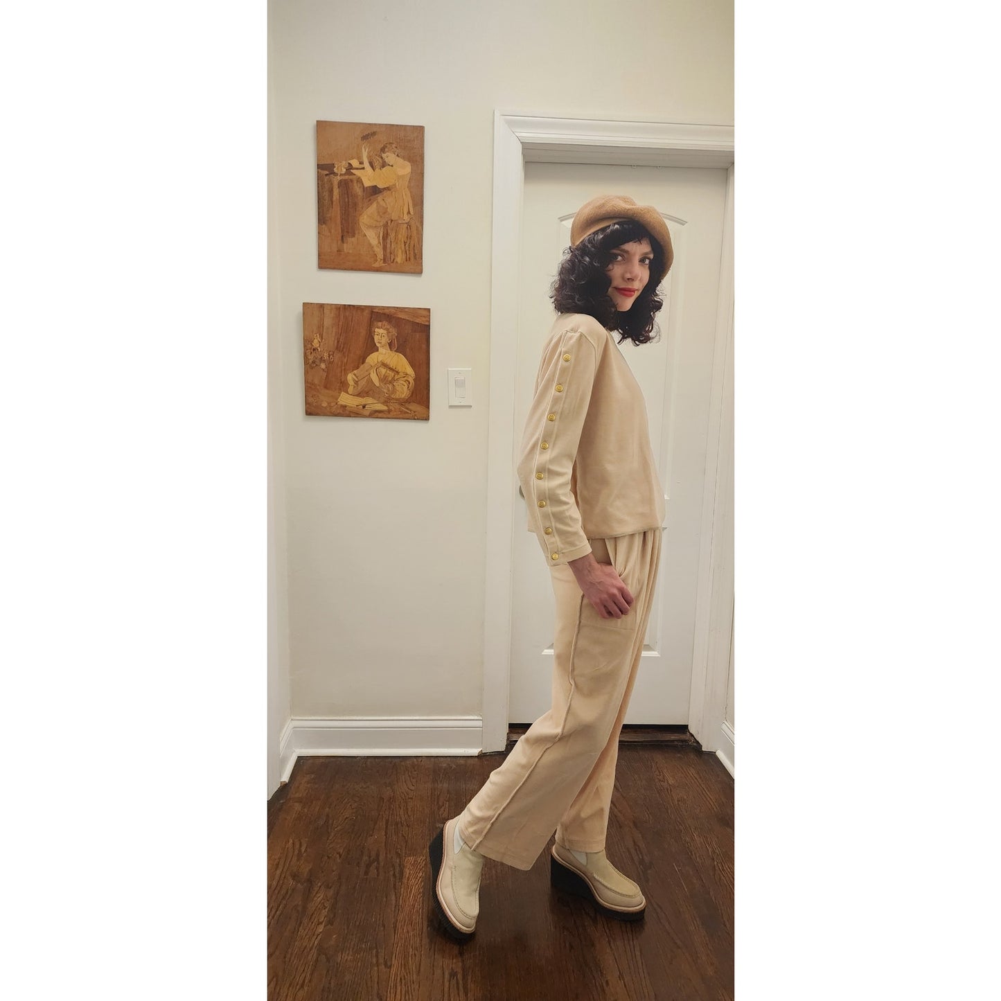 Vintage 1990s Sonia Rykiel Velour Track Suit Beige w/Gold Buttons