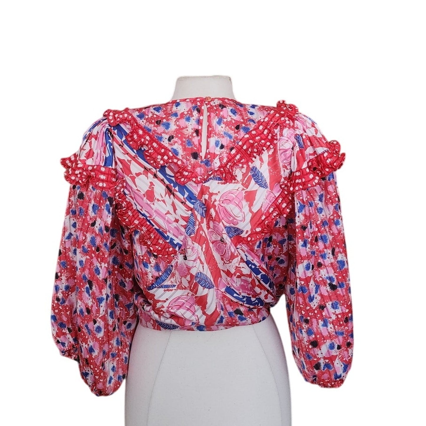 Vintage 80s Diane Freis Blouse Bold Print Poly Georgette Ruffles Pink Red