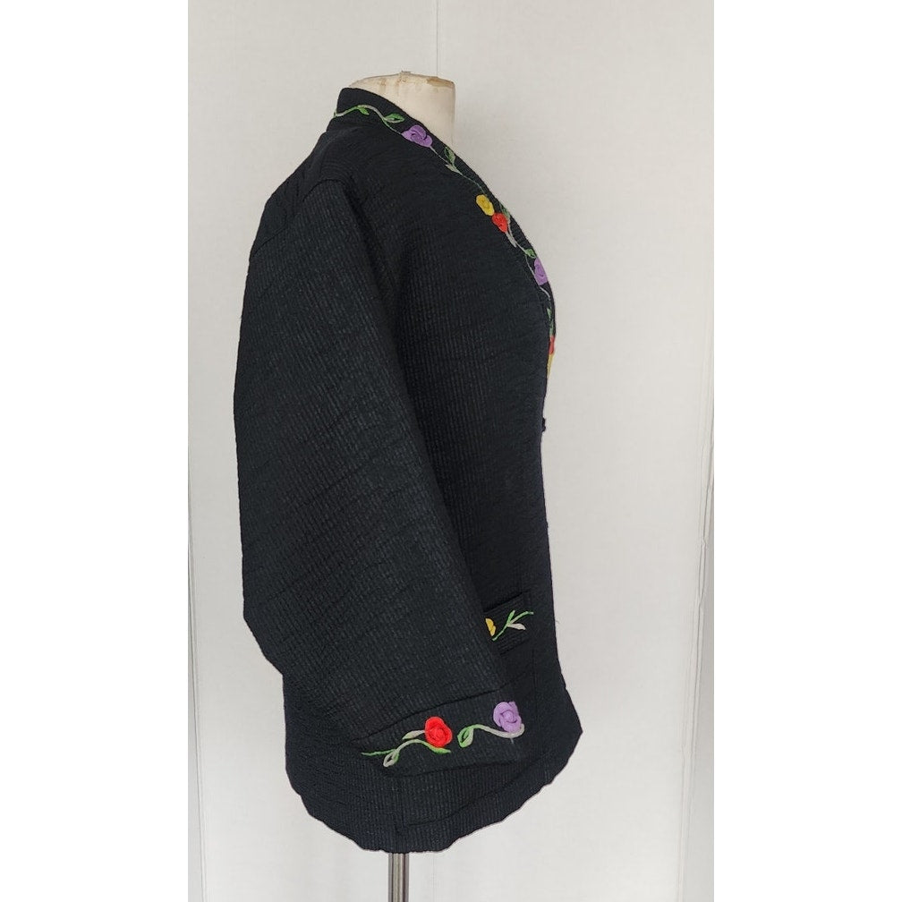 Vintage Asian Quilted Jacket Black w/Floral Embroidery