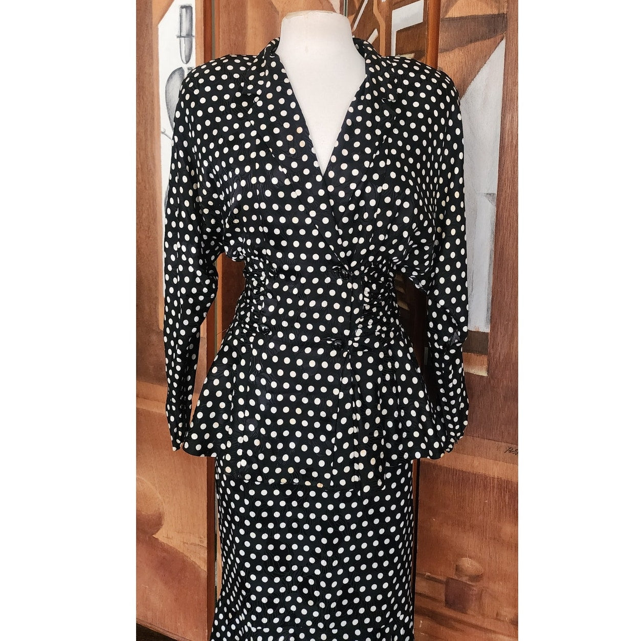 Vintage 80s Saint Romei Neiman Marcus Silk Polka Dot Peplum Jacket Fishtail Skirt Suit Set
