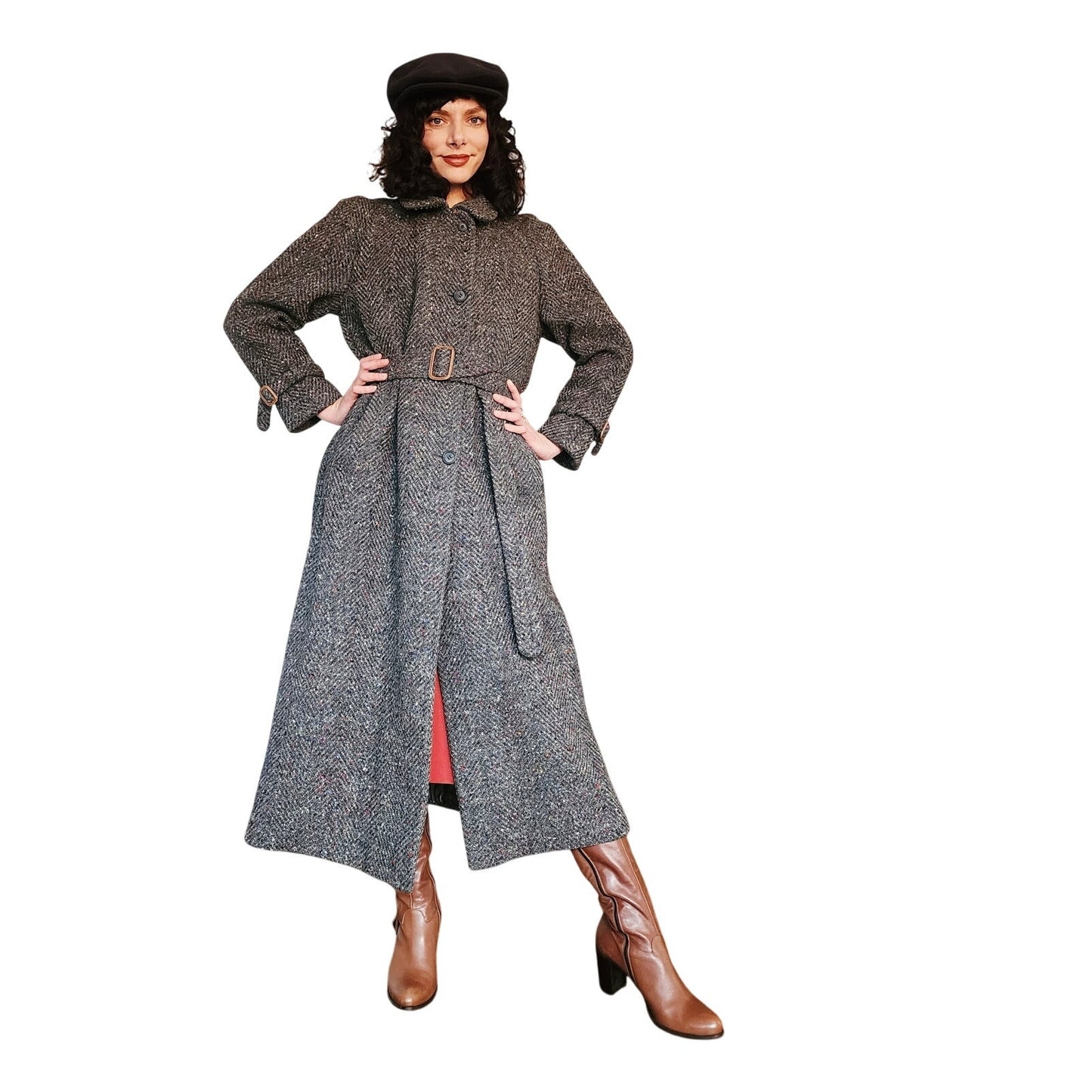 Vintage 1980s Gray Coat Tweed Wool Belted, Long by Huntleigh / Medium