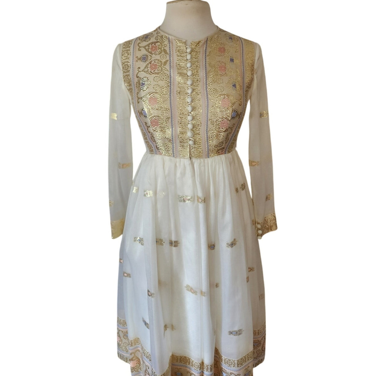 Vintage 1970s Boho Dress White Gold Brocade Embroidery Indian Style Chuck Howard