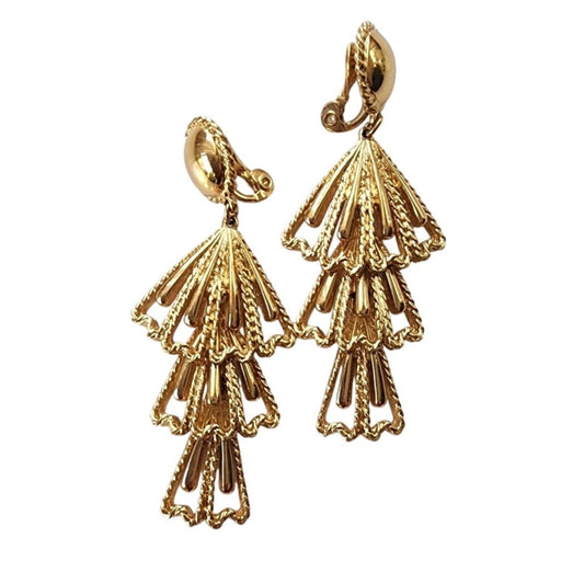 Vintage 60s Earrings Gold Dangly Clips Fan Shaped