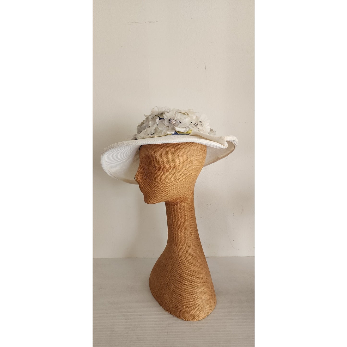 Vintage 50s Summer Hat White Straw Floral Crown Norman Durand