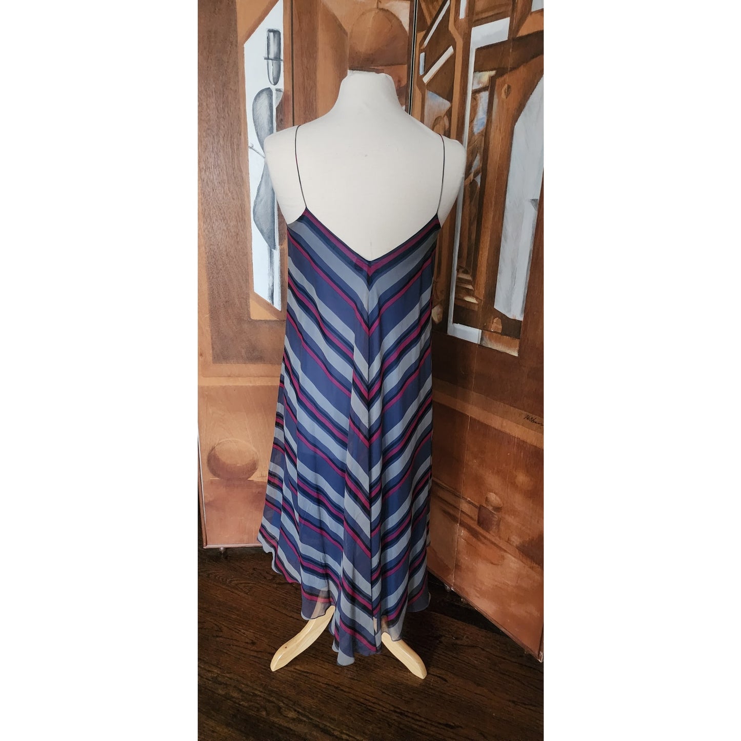 Vintage 70s Chiffon Silk Sun Dress Chevron Stripe Charlotte Ford Spaghetti Strap